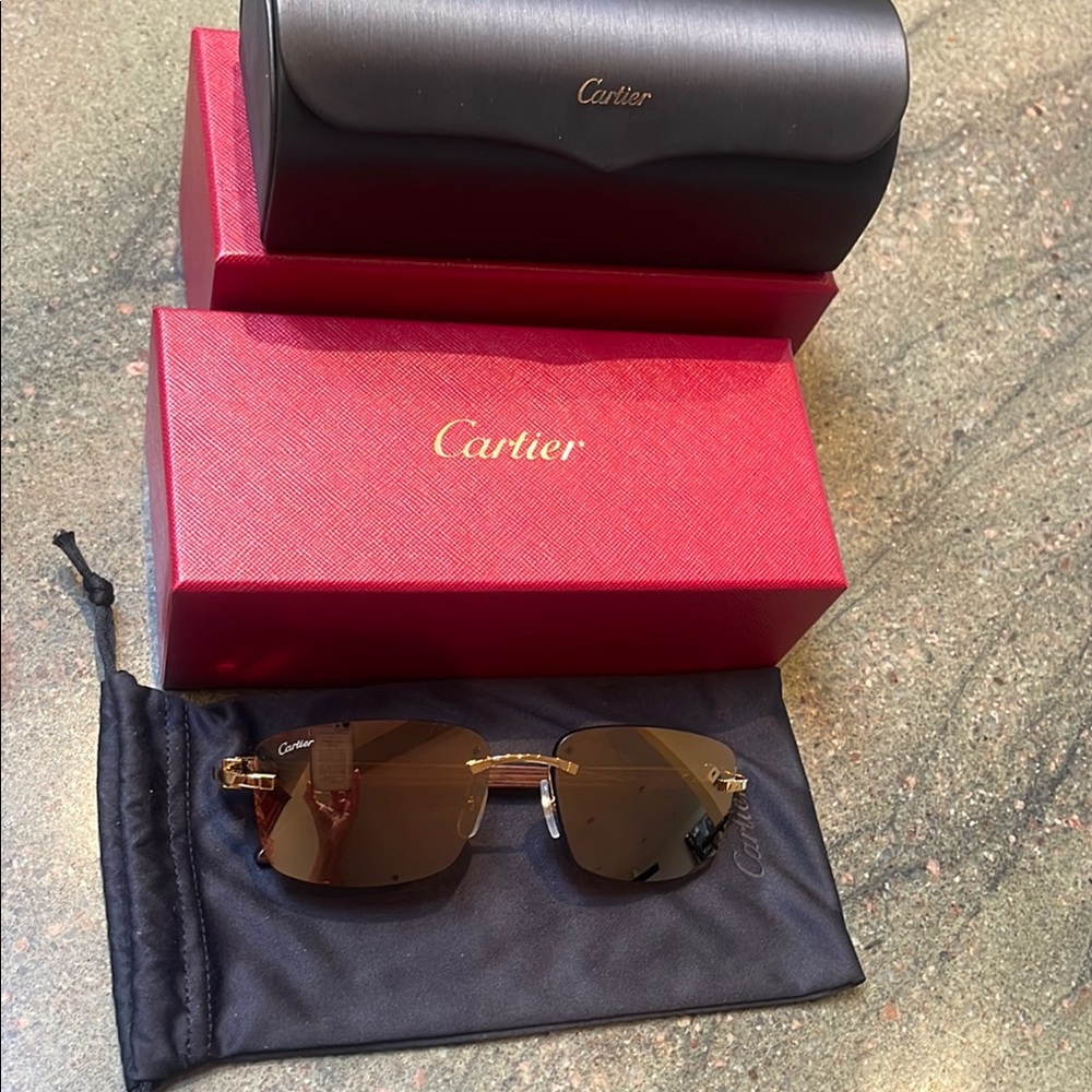 CARTIER WOODS SUNGLASSES Gold Plated Wood Temples Rectangular mirrored lenses